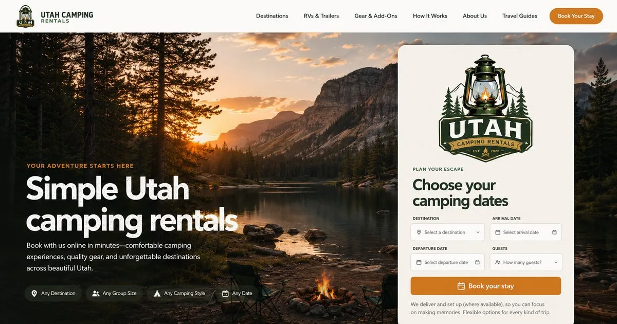 Utah Camping Gear Rentals homepage from the published rental platform