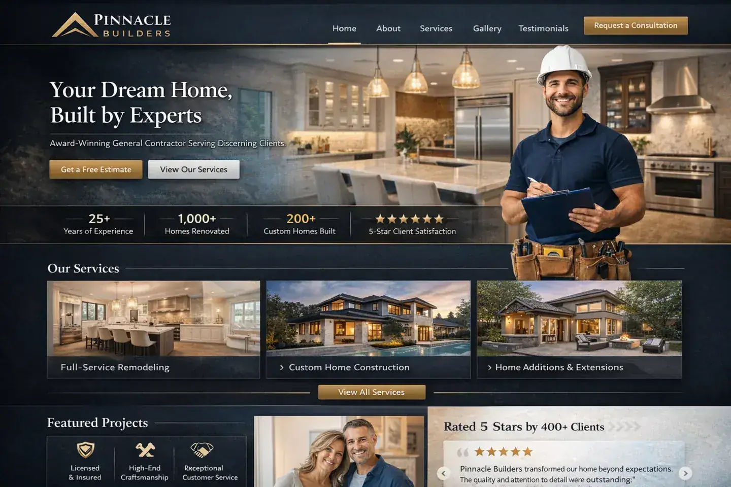 Contractor website example with a warm custom-home hero and premium service layout