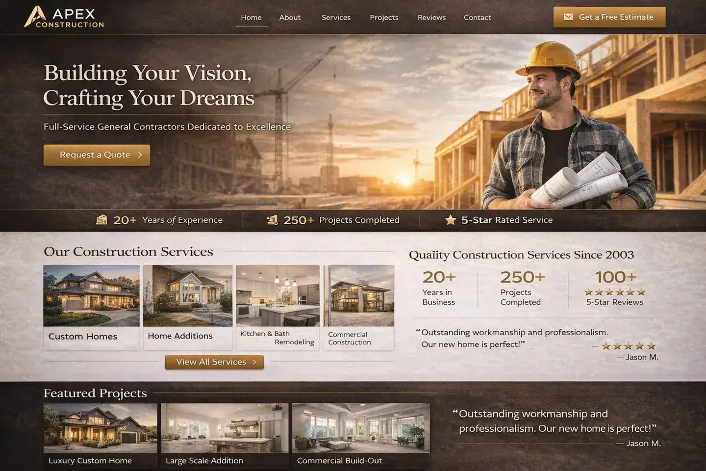 Contractor website example with a polished dark-blue build showcase layout