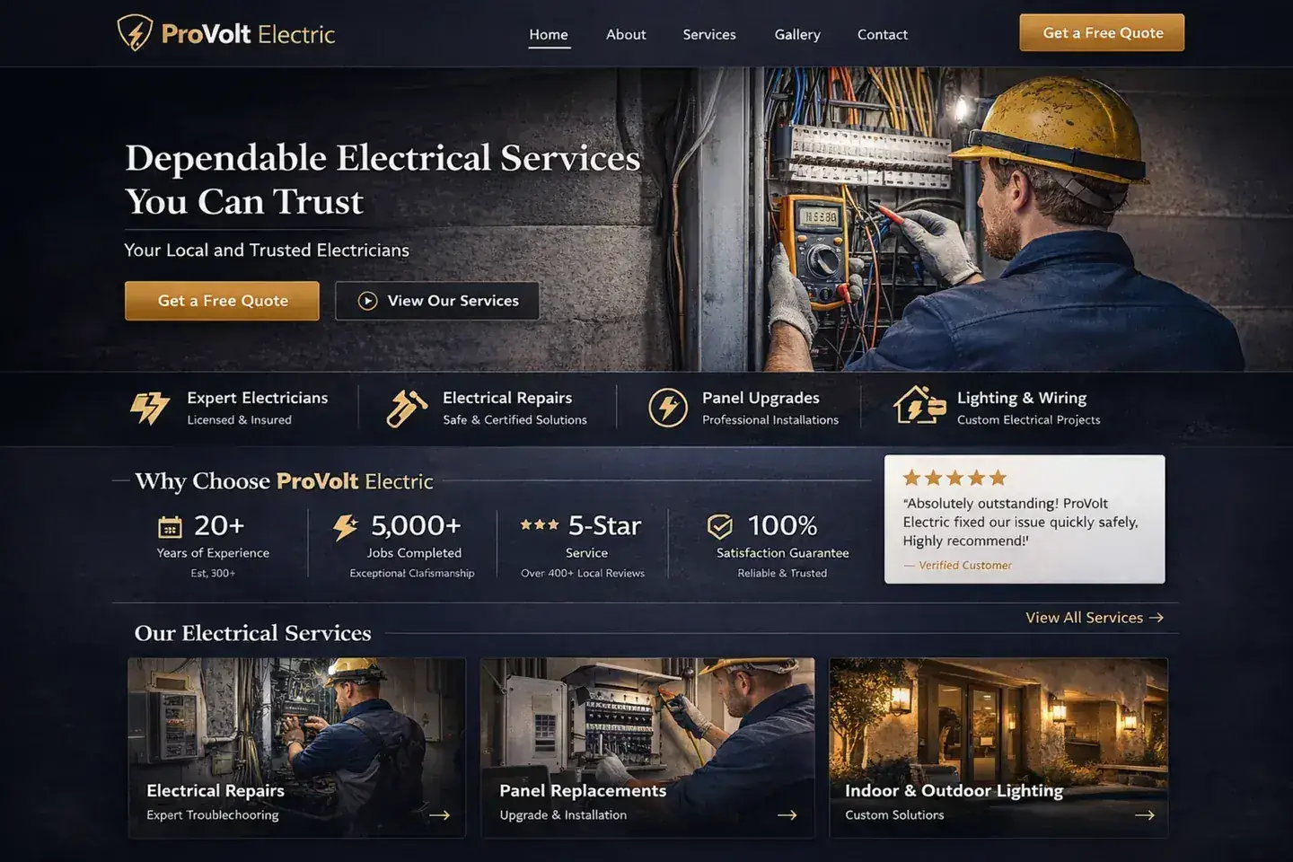 Electrician website example with a dark panel-service hero and strong proof layout