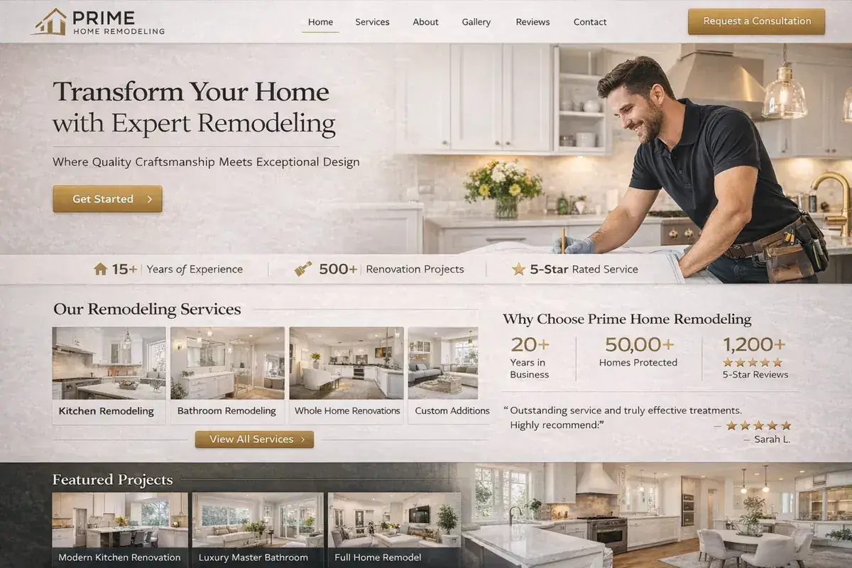 Home remodeling website example with a bright kitchen renovation hero