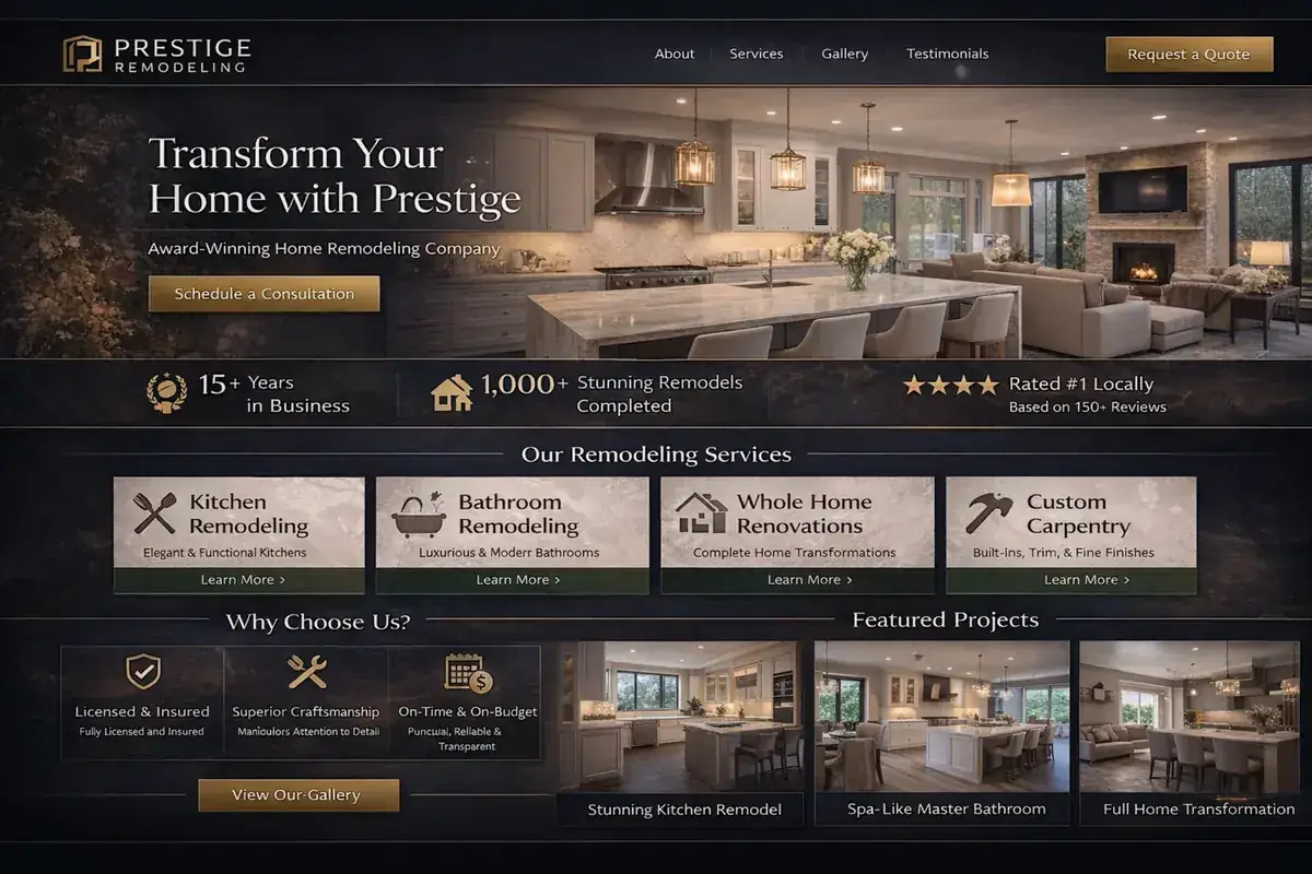 Home remodeling website example with a dark premium kitchen hero
