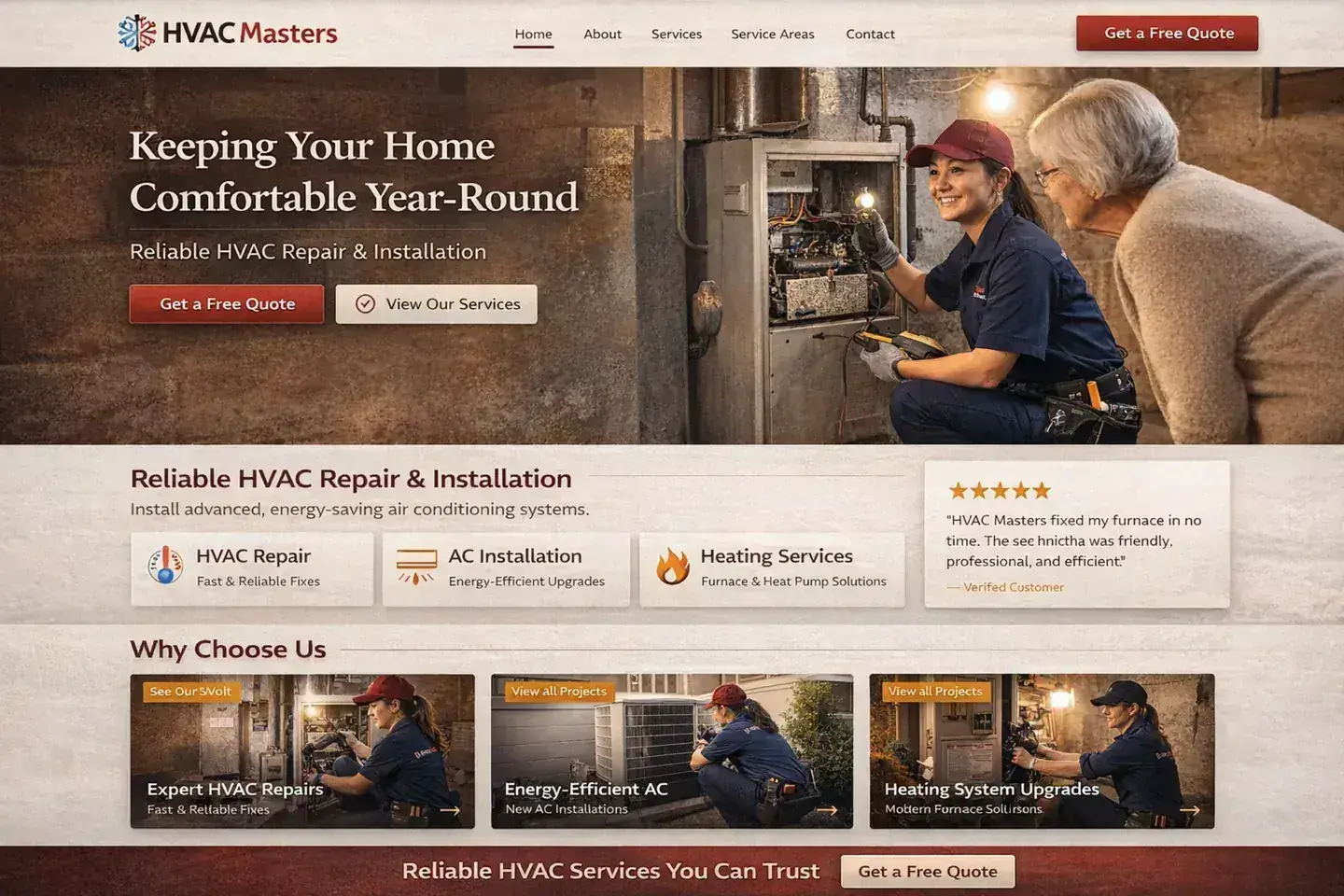 HVAC website example with a warm in-home furnace service hero