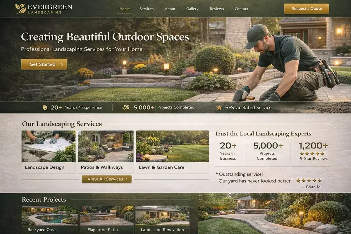 Landscaping website example with a clean green service layout and working-stone hero