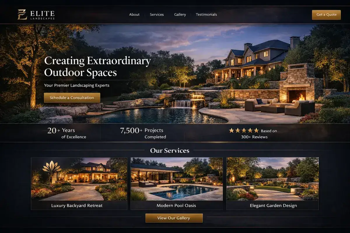 Landscaping website example with a dark premium backyard oasis hero