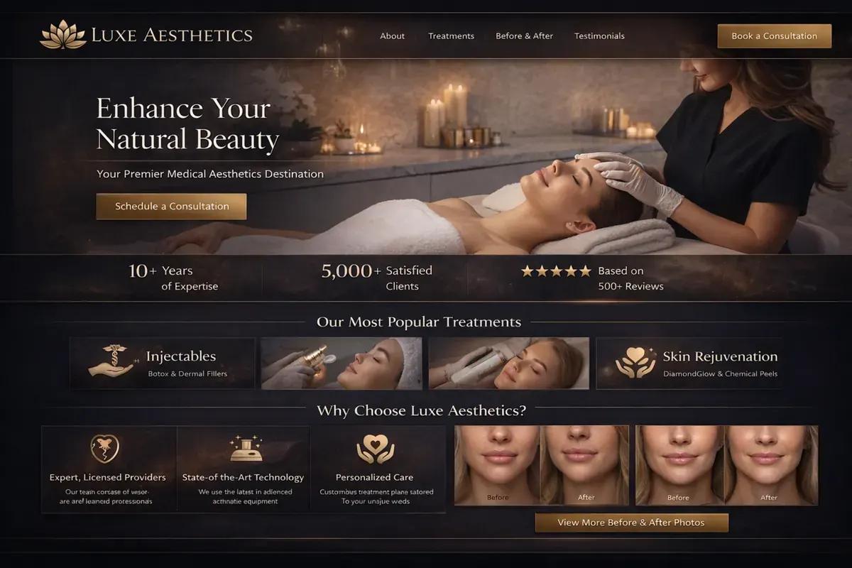 Med spa website example with a dark premium facial-treatment hero