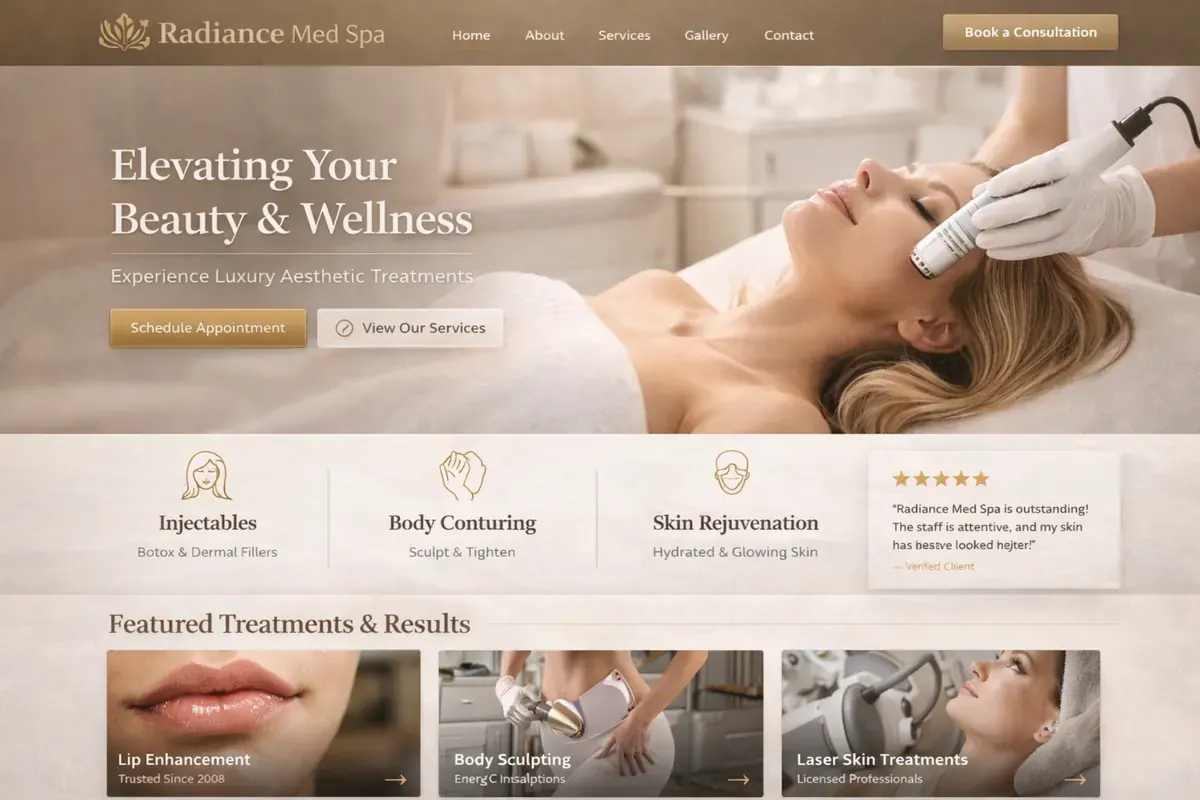 Med spa website example with a clean champagne med spa hero and featured treatment cards