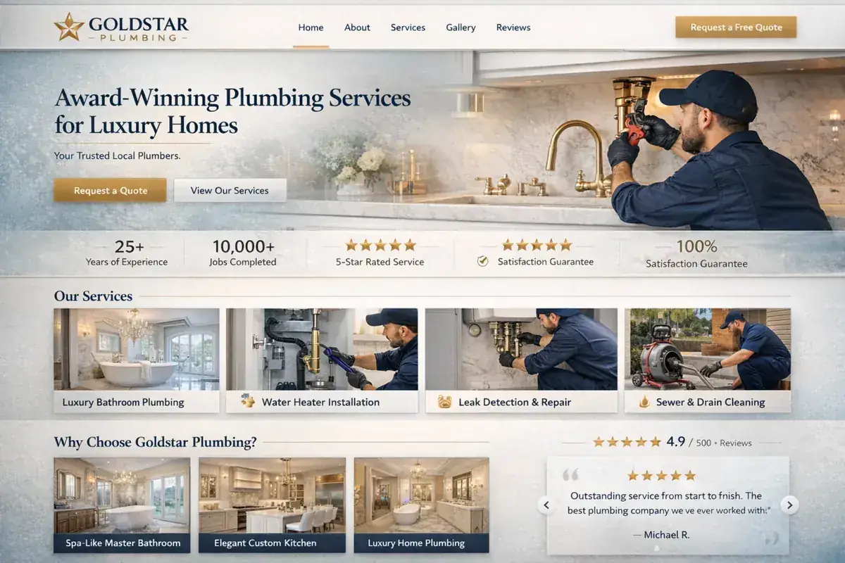 Plumber website example with a bright luxury plumbing hero