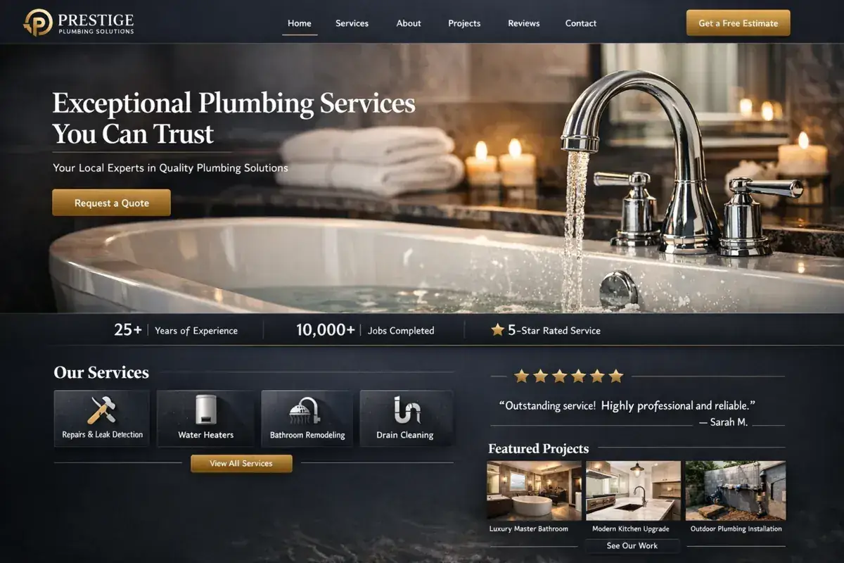 Plumber website example with a dark premium plumbing hero