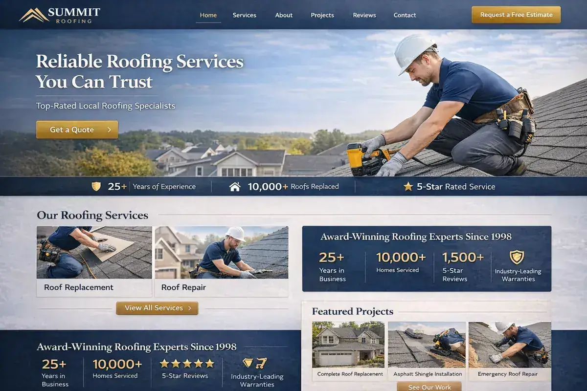 Roofing website example with a bright residential roof hero