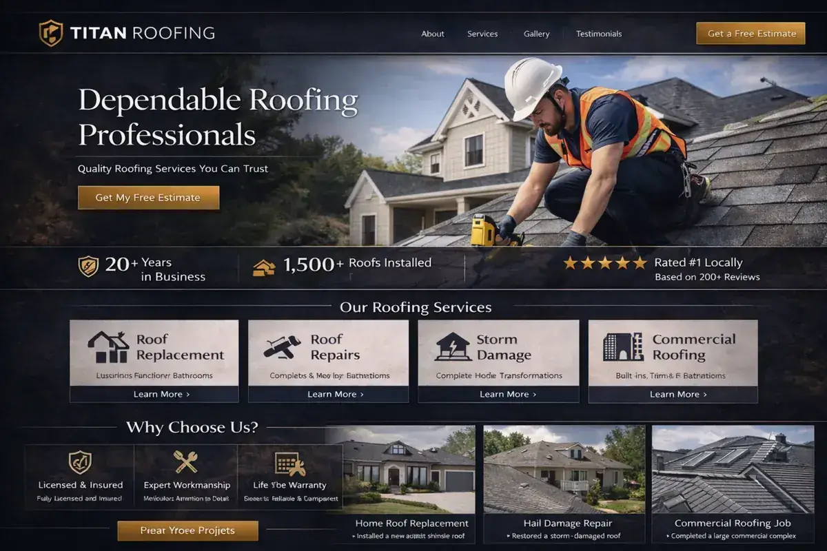 Roofing website example with an award-driven blue roofing layout