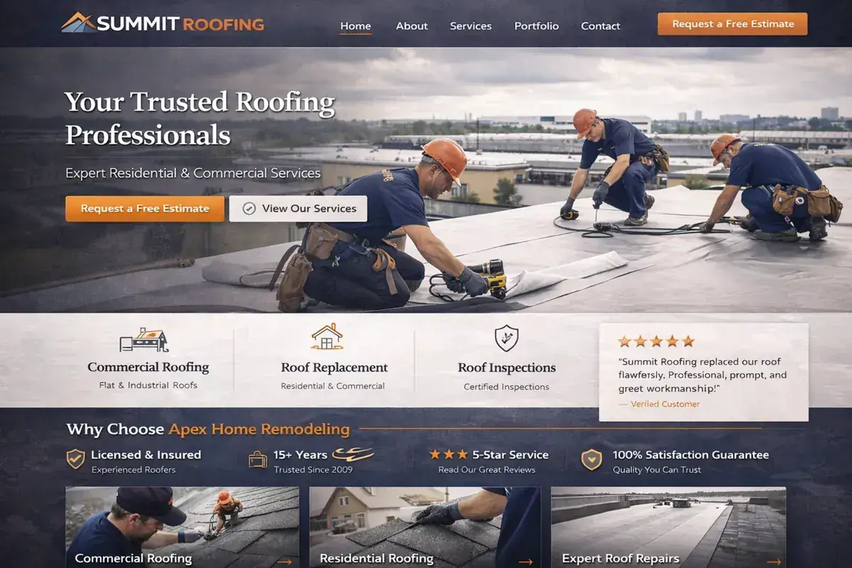 Roofing website example with a dark premium roofer hero